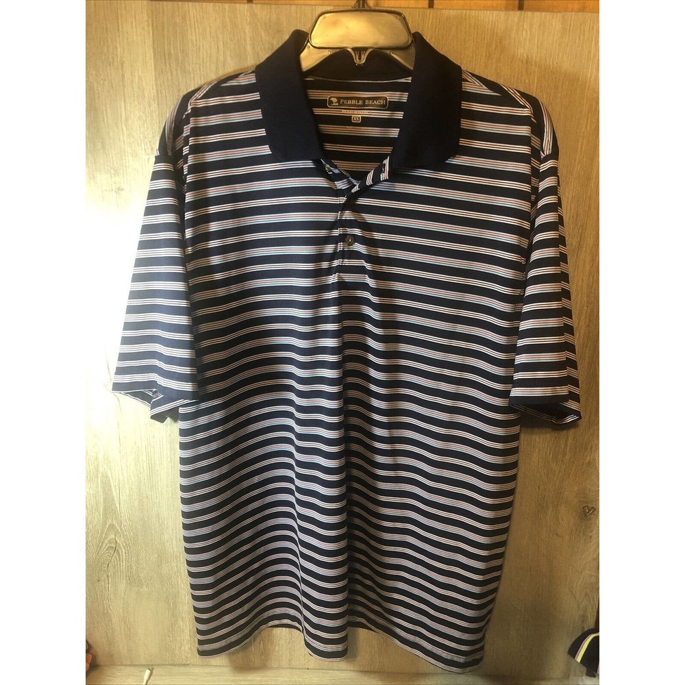 Pebble Beach Performance Polo Golf Shirt Men's Size XL Short Sleeve Blue Striped